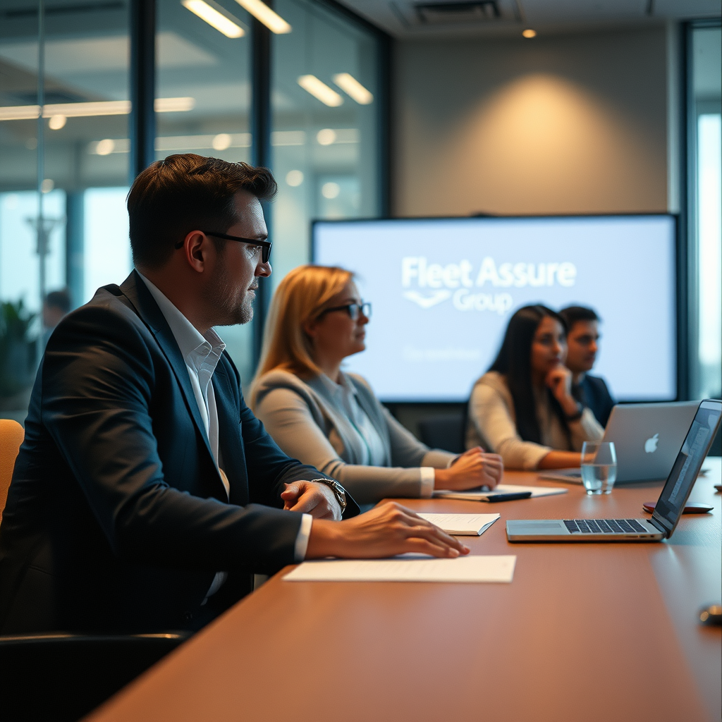 business people in a meeting looking at a presentation with Fleet Assure Group Ltd branding visible
