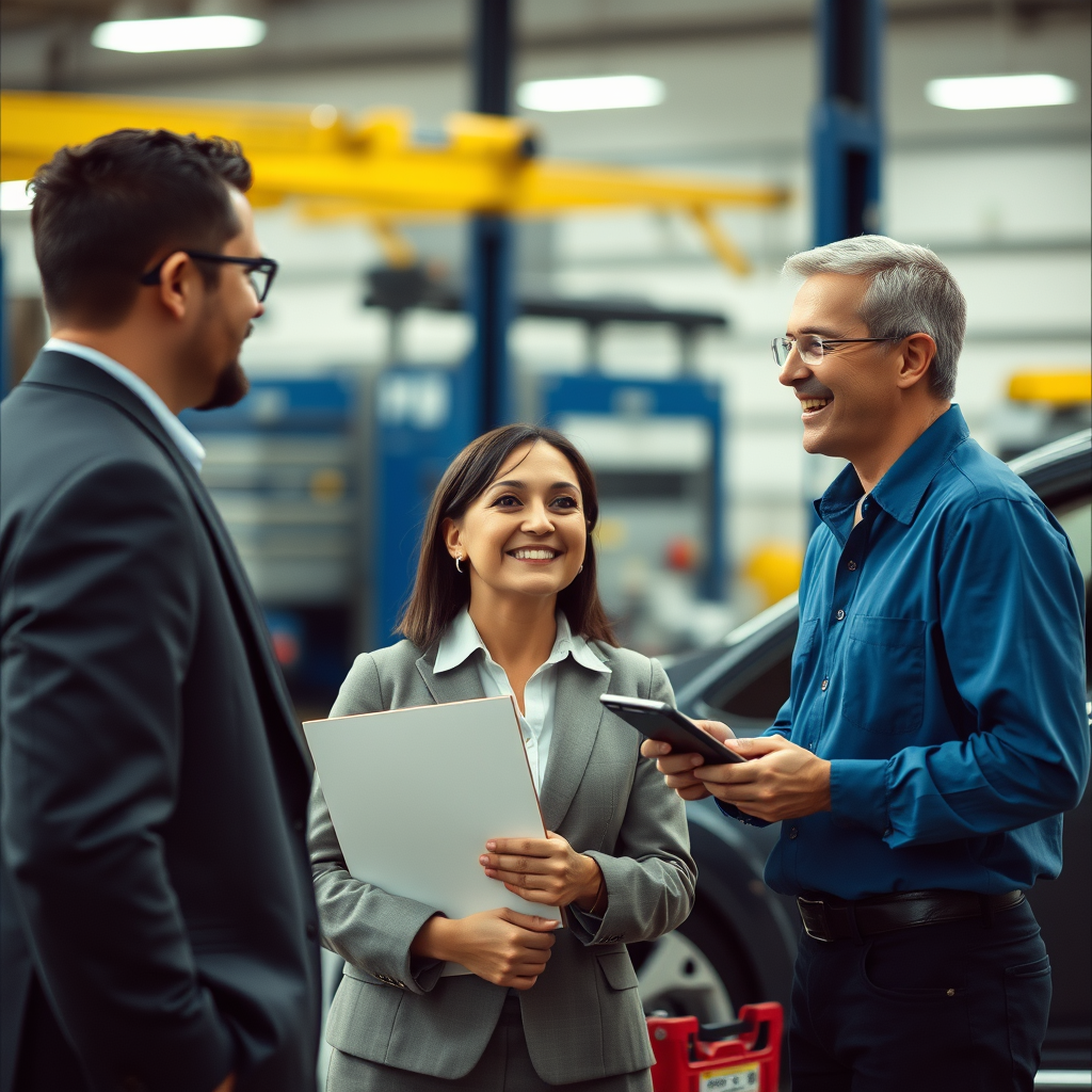 group of business people happily talking to an onsite mechanic