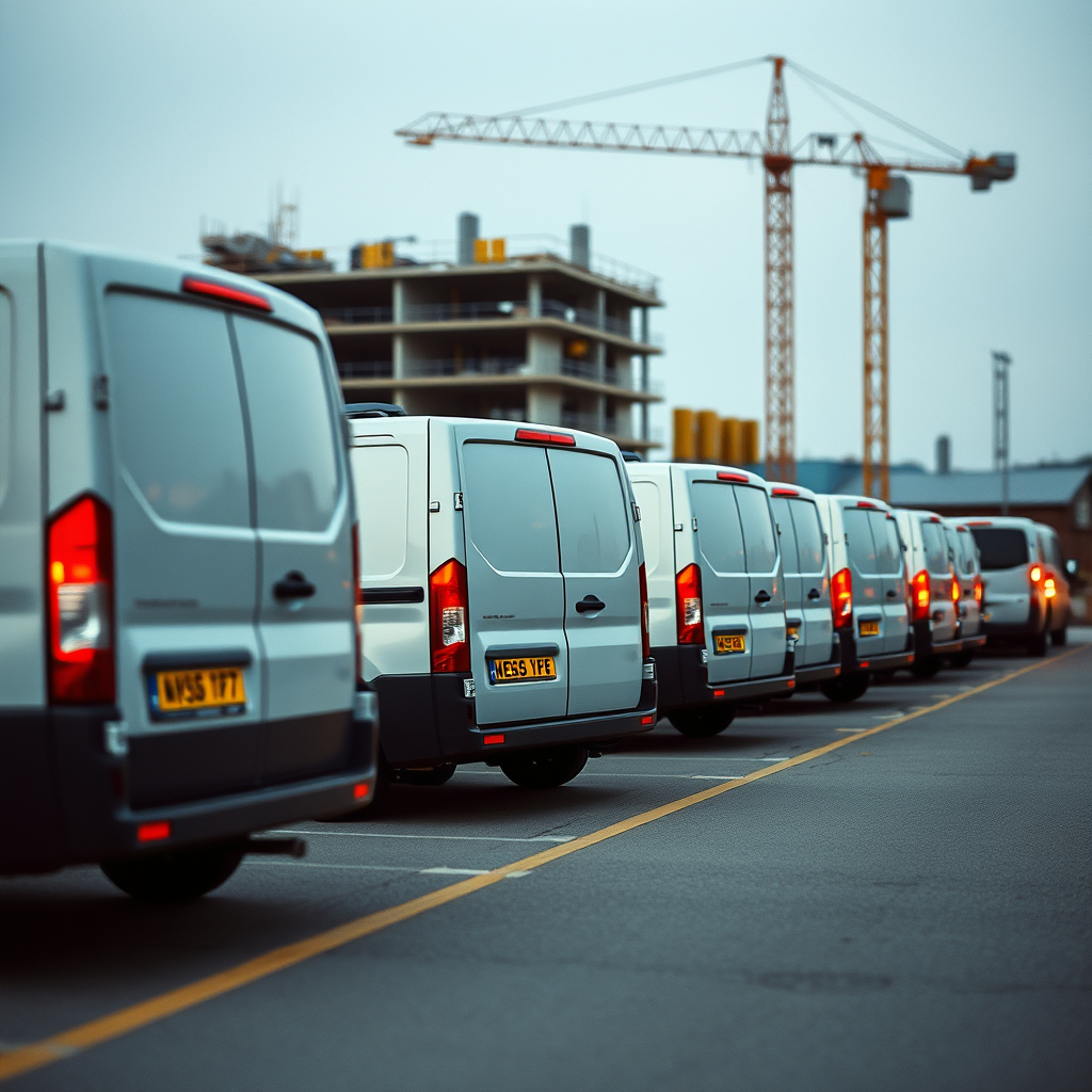 Fleet of commercial vans parked in a row at a construction site, with a building under development and cranes in the background. UK number plates visible, representing fleet management and vehicle logistics services.