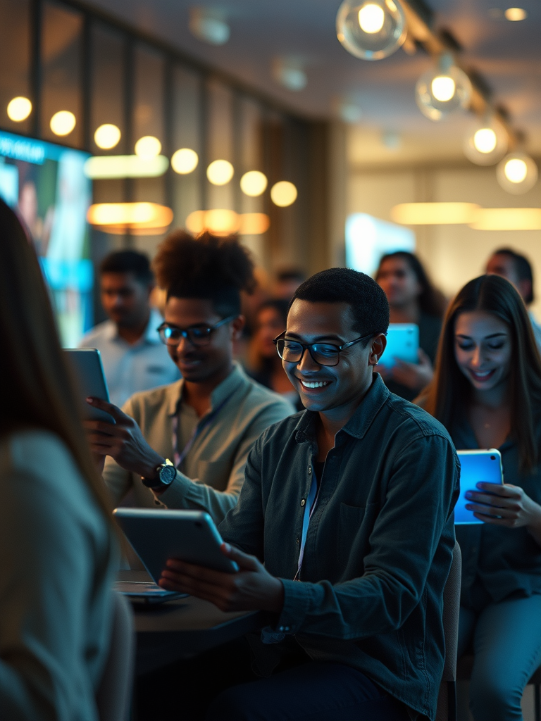 online community building, people connecting through digital devices, diverse individuals interacting virtually, modern and welcoming atmosphere