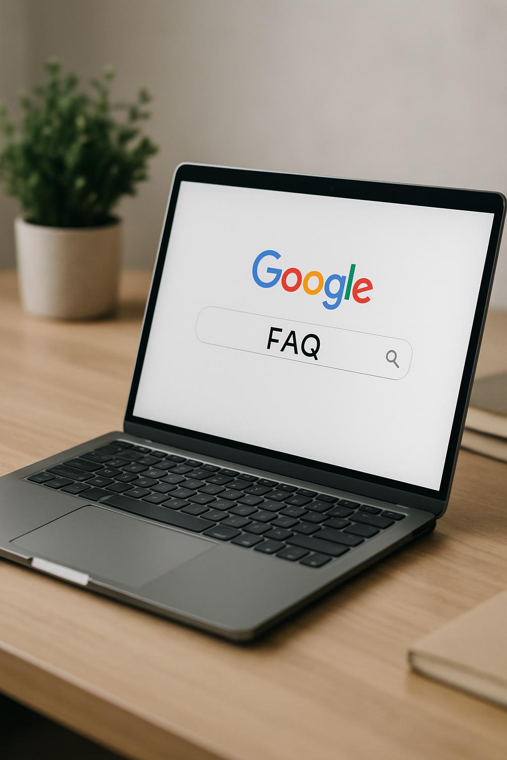 Image of a laptop. Laptop in the upper right, distinctly visible on a wooden table displaying google